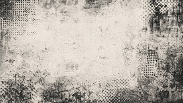 Distressed halftone newspaper texture with random grunge overlay, vintage print effect for retro motion design