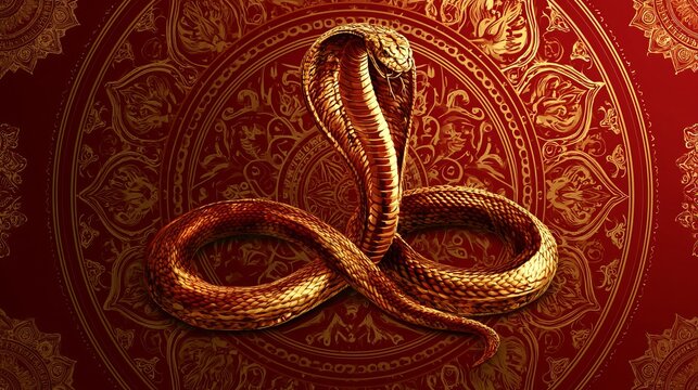 Majestic cobra rearing upwards, displaying patterned scales against a vibrant red backdrop, representing power and ancient symbolism