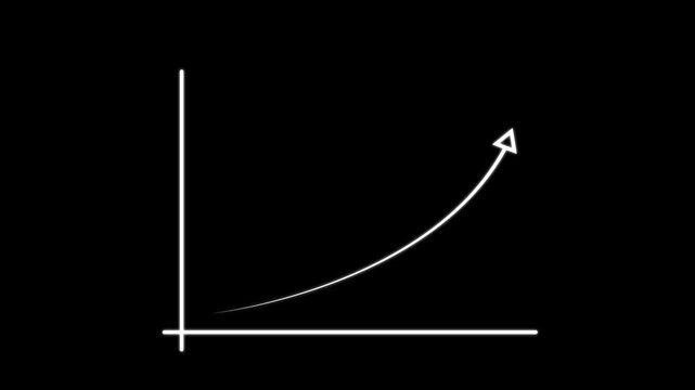 Animated rising exponential growth chart line graph on black background, for business analytics, and financial success presentations