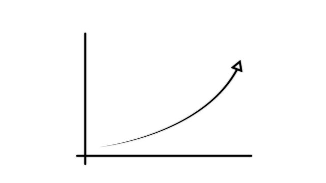 Minimalist line graph showing exponential growth, rising arrow icon for business success and financial progress, isolated on white background