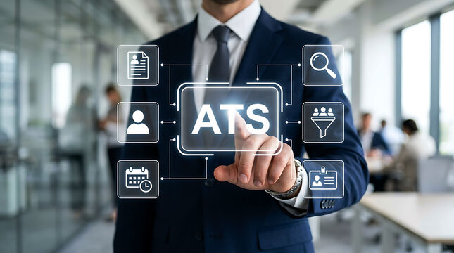 Businessman interacting with digital ATS recruitment interface in office