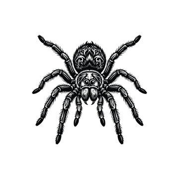 Detailed black and white illustration of a large hairy tarantula spider in a vintage style