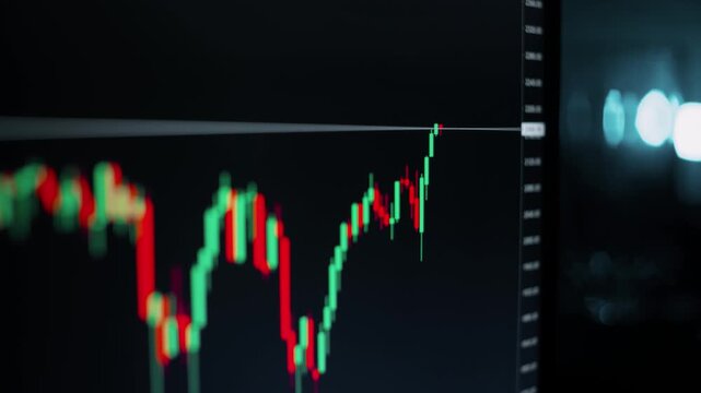 Rising candlestick chart on exchange screen. Crypto and stock price growth, bullish market and investment profit