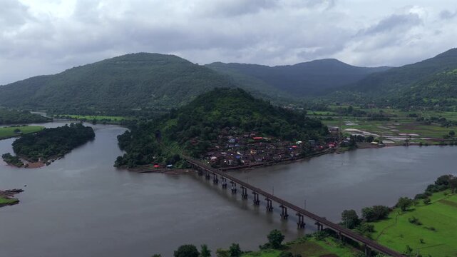 Aerial View of Dasgaon Village and Savitri River with Konkan Railway Bridge Maharashtra