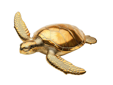 Golden sea turtle sculpture with intricate shell patterns and detailed scales, captured in a realistic, high-resolution art style against a pure white background