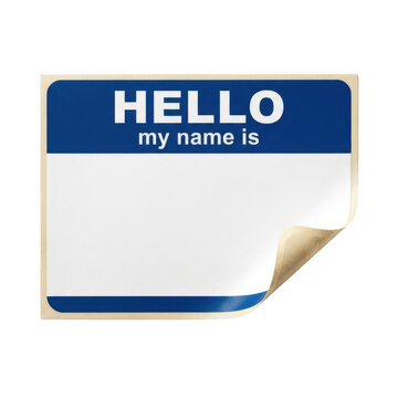 Blank blue name tag sticker with curled corner isolated on transparent background