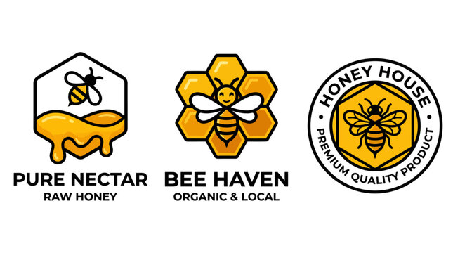 Three honey brand logos featuring bees and honeycomb designs with transparent backgrounds