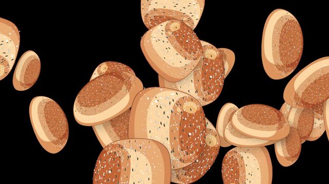 Animated Burst of Sesame Seed Buns Floating on Black Background