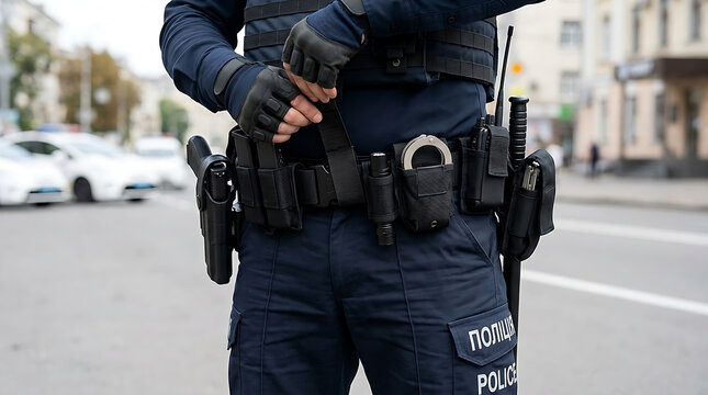 Police Officer Standing With Duty Belt.