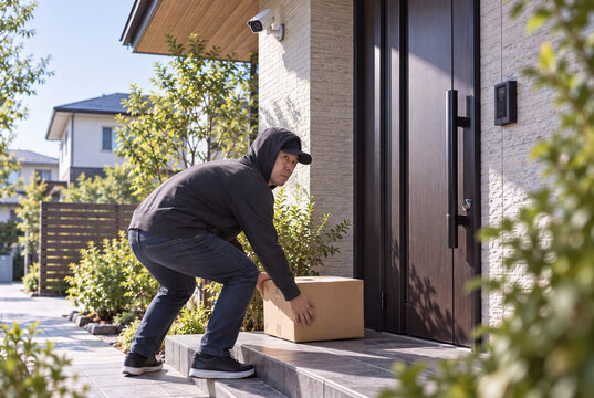 玄関前に置かれた宅配荷物を盗もうとする不審な人物