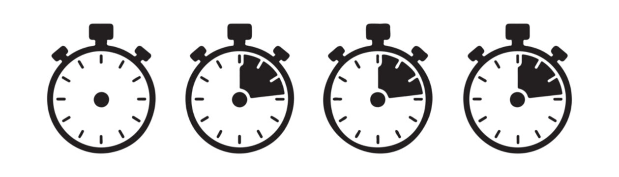 Stopwatch icon series illustrating incremental quarter hour segments for visual timeline tracking uses.
