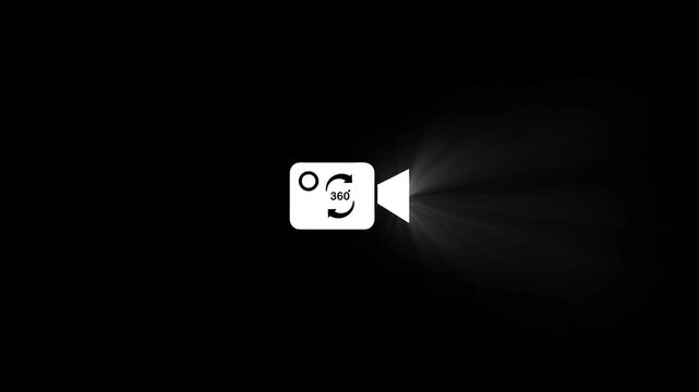 360 degree panoramic camera icon animation with glowing light flare effect on black background