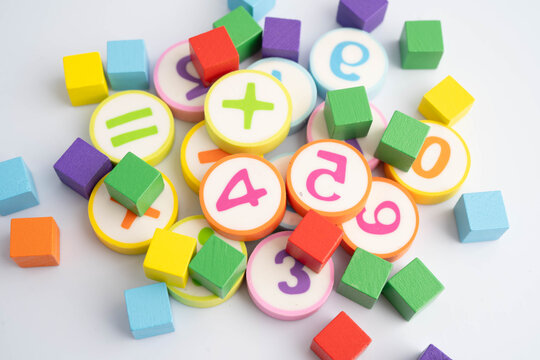 Number wood block cubes for learning Mathematic, education math.