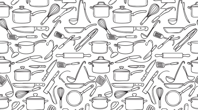 Seamless Pattern of Kitchen Utensils Cooking Tools Line Art Illustration