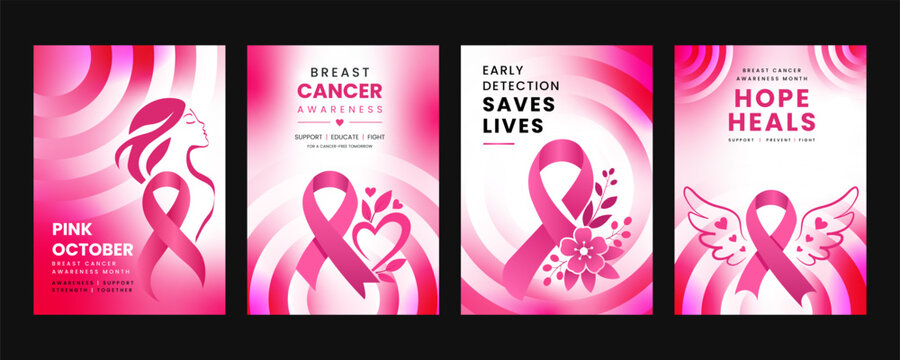 Pink October Breast Cancer Awareness Swirl Background Poster Set with Ribbon, Four Healthcare Campaign Designs for Poster, Banner, and Social Media