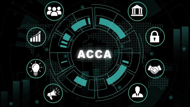 Acca certification concept with animated digital hud interface, global financial corporate accounting standards, business growth strategy, and data analytics visualization for modern finance