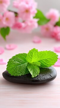 Fresh mint leaves on a wet black spa stone with soft pink cherry blossoms background