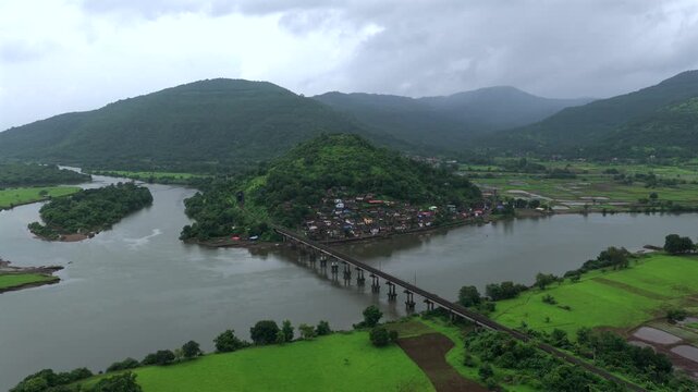 Aerial View of Dasgaon Village and Savitri River with Konkan Railway Bridge Maharashtra