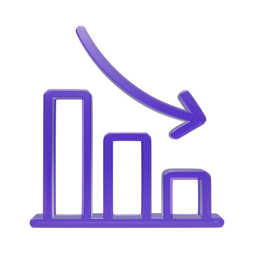 Purple 3D decline bar chart icon isolated on transparent background