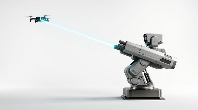 Generic Anti-Drone Air Defence Turret Targeting Quadcopter on White Background