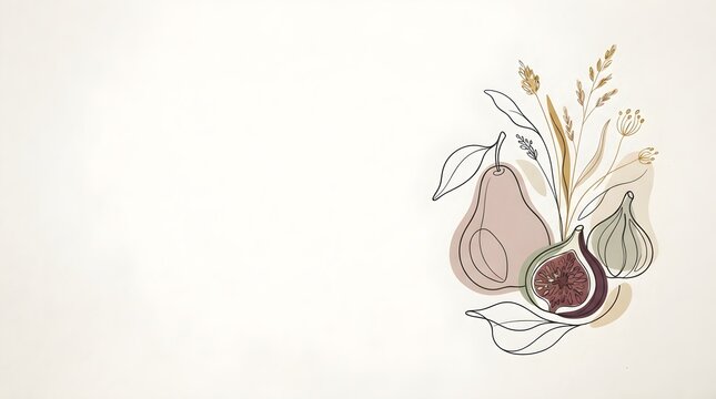 Boho fruit line art background with pear, figs and copy space