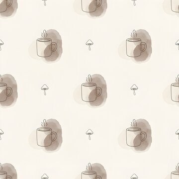 Cozy autumn seamless pattern with hot coffee mugs and mushrooms