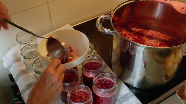 Hand ladling hot cooked lingonberries from large pot into glass jars through canning funnel during home preservation process   
