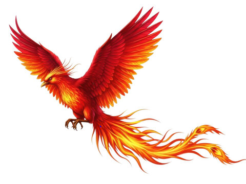 A majestic, fiery phoenix with vibrant red and orange plumage, wings spread wide in flight, its long tail feathers trailing flames against a pure white background
