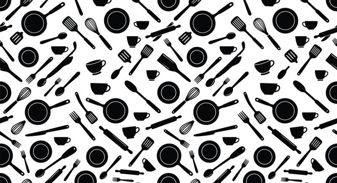 Black White Kitchen Utensils Seamless Pattern for Cooking Background Design
