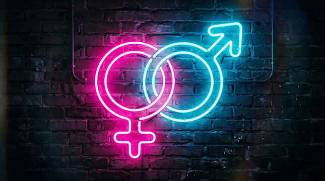 Interlocking pink and blue neon gender symbols on a brick wall