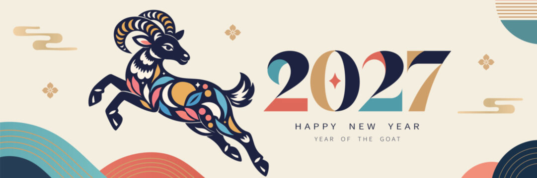 2027 Year of the Goat Banner with Jumping Goat and Modern Geometric Design