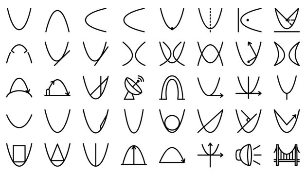 parabolas quadratic functions and trajectories icon set .