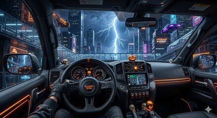 Obraz premium the engine of an airplane,Halloween-style car interior