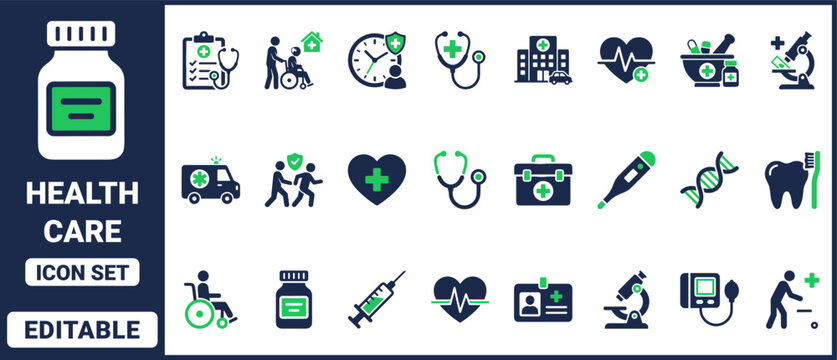 Health care icon set, a comprehensive collection of medical symbols and illustrations for various healthcare applications.
