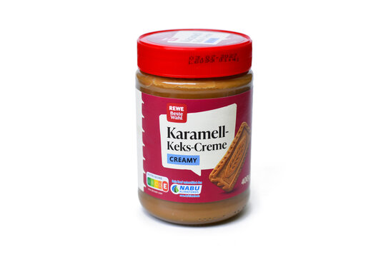 Germany, May 26th 2026 - Jar of REWE Beste Wahl caramel biscuit spread on white background. Private label alternative to popular cookie spread