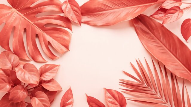 Coral pink tropical leaves frame, pastel botanical background, monstera foliage border