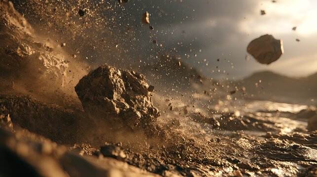Erupting earth and dust particles rise amidst dark rocks, simulating a dramatic, turbulent, geological event concept