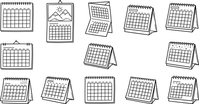 Doodle calendar icon collection featuring black line hand drawn desk and wall planner agenda organizer vectors