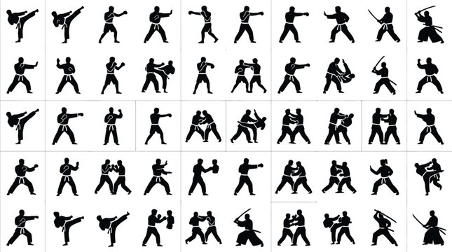 Collection of 50 black martial arts silhouette icons featuring karate kicks, judo throws, boxing punches, and kendo sword strikes. Flat vector symbols isolated on white background.