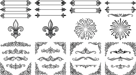 Vintage ornamental frame components vector set featuring corner decorations flourishes labels fleur de lis and explosion bursts © MdAnarulIslam