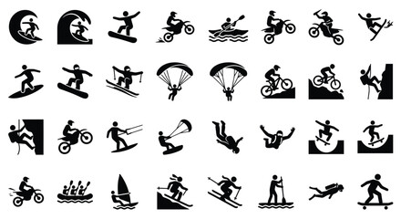 Fototapeta premium Comprehensive collection of black silhouette pictograms representing various extreme sports and outdoor activities like surfing, snowboarding, motocross, climbing, and kayaking on white.