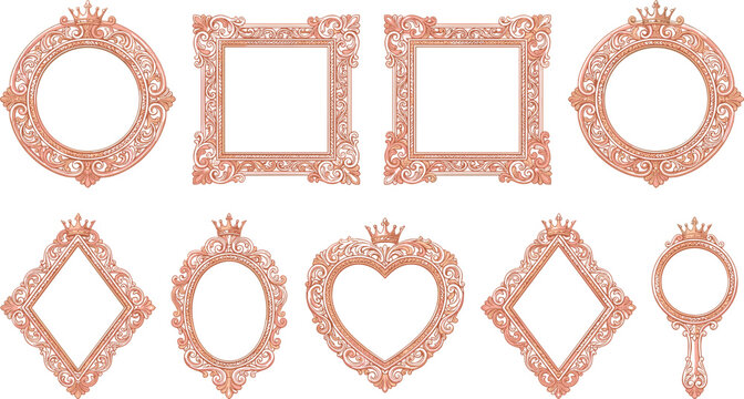 Vintage rose gold picture frames vector set featuring ornate baroque borders crown details heart shape and handheld mirror