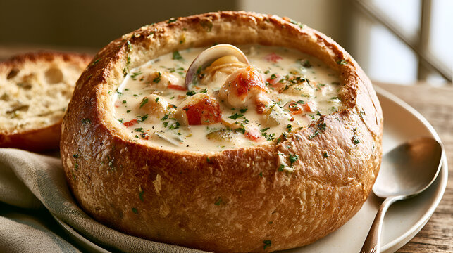 Fresh Clam Chowder Styled In A Bread Bowl With Fresh Herbs, Soft Window Light, Telephoto Compression, Tight Framing, High-Contrast Tones, Photorealistic, Ultra-Detailed