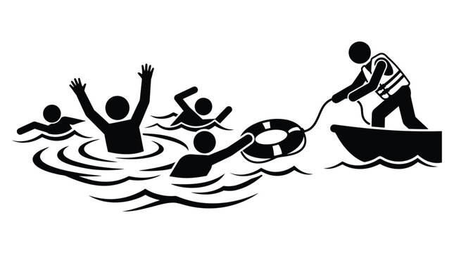 Drowning people and rescuer black and white vector silhouette