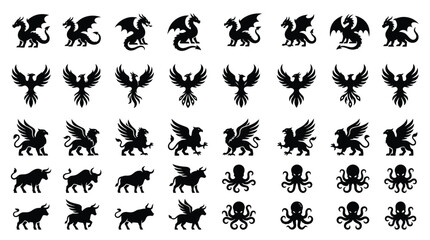 Fototapeta premium Collection of black silhouette icons featuring various mythical and real creatures including dragons, phoenixes, griffins, bulls, winged bulls, and octopuses on a plain white background.