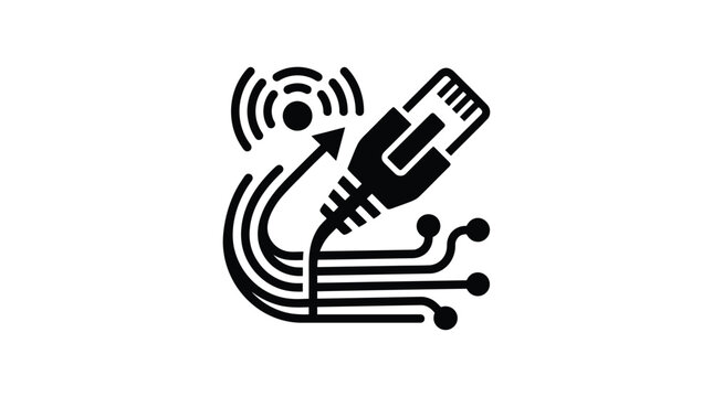 Microchip with wireless signal and circuit lines silhouette