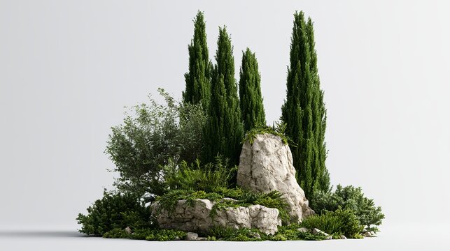 Tall evergreen trees and jagged rocks form a miniature landscape, suggesting tranquil nature and elegant garden design