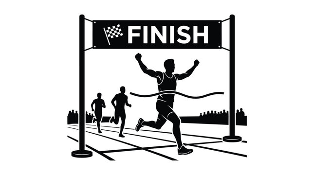 Marathon runners crossing finish line black silhouette