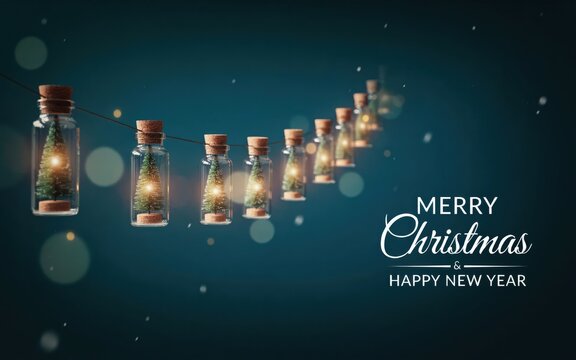 Christmas string lights in glass jars, festive holiday background, winter greeting card