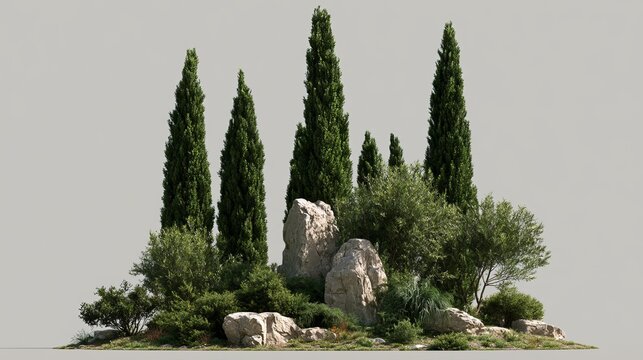 Tall evergreen trees grow gracefully atop a rocky outcrop, offering a serene Mediterranean landscape concept for design